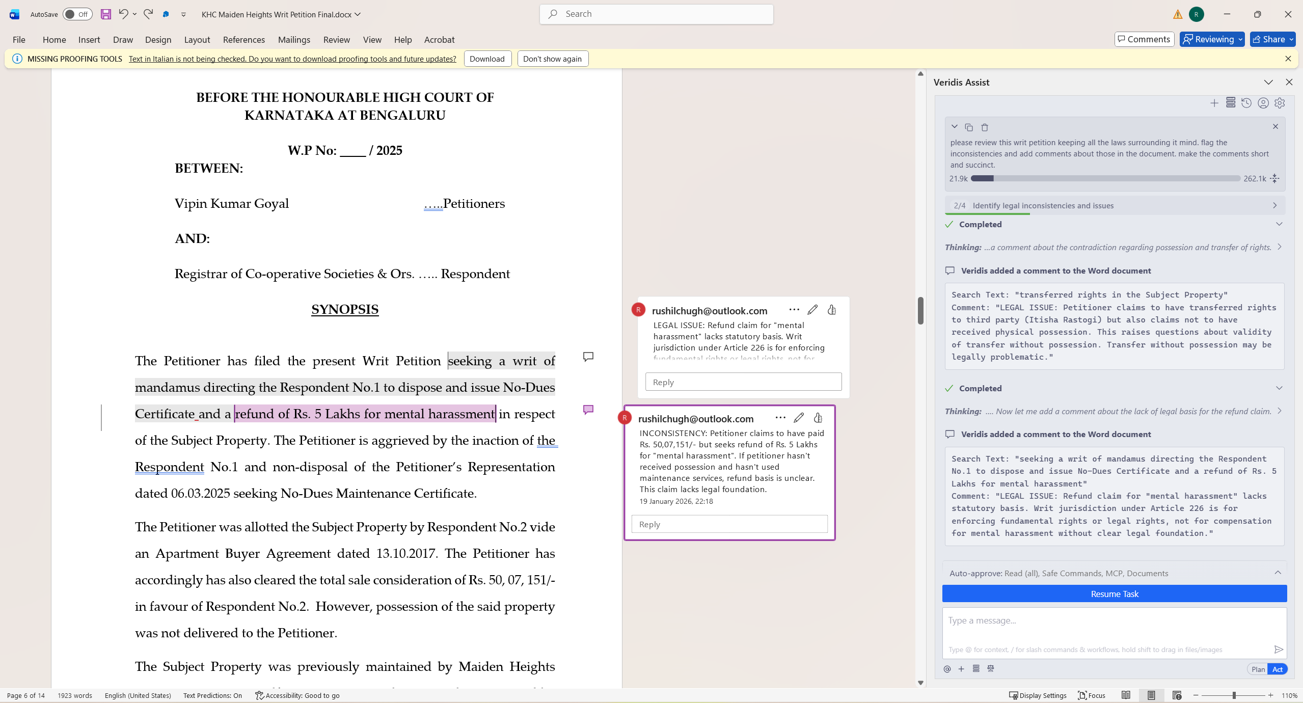 Veridis AI assistant inside Microsoft Word  - redlining a legal document with AI-powered suggestions