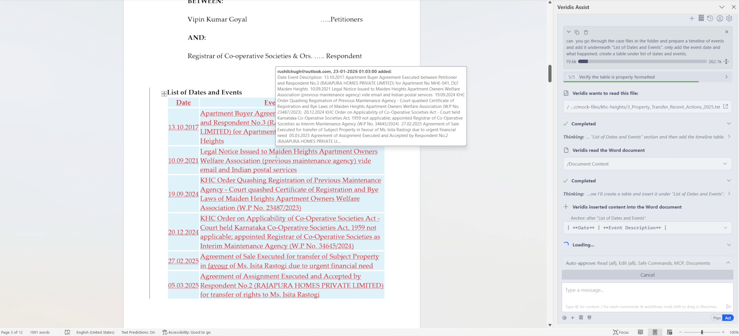 Veridis building a timeline of events from case files inside Microsoft Word
